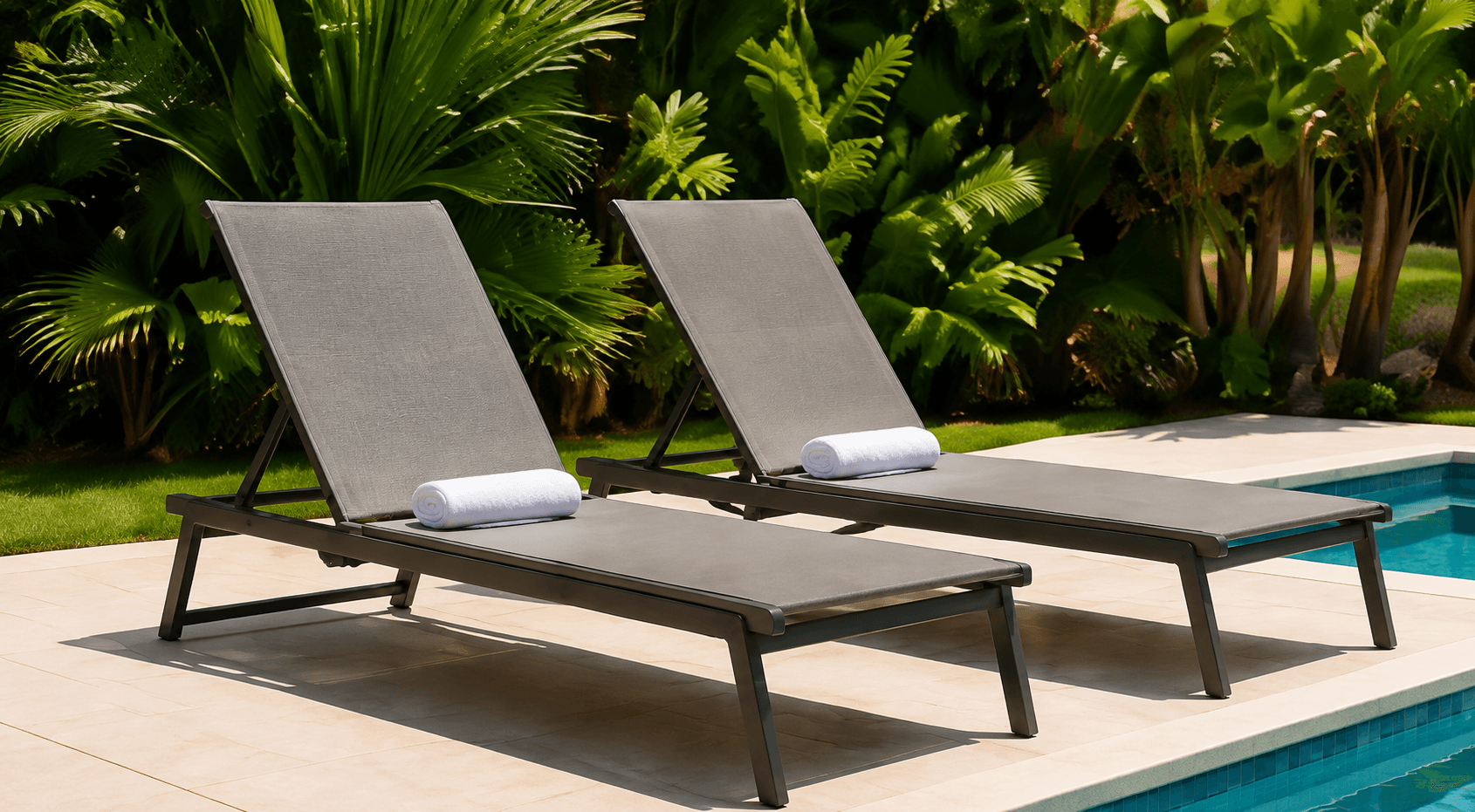 Mesh loungers beside a swimming pool