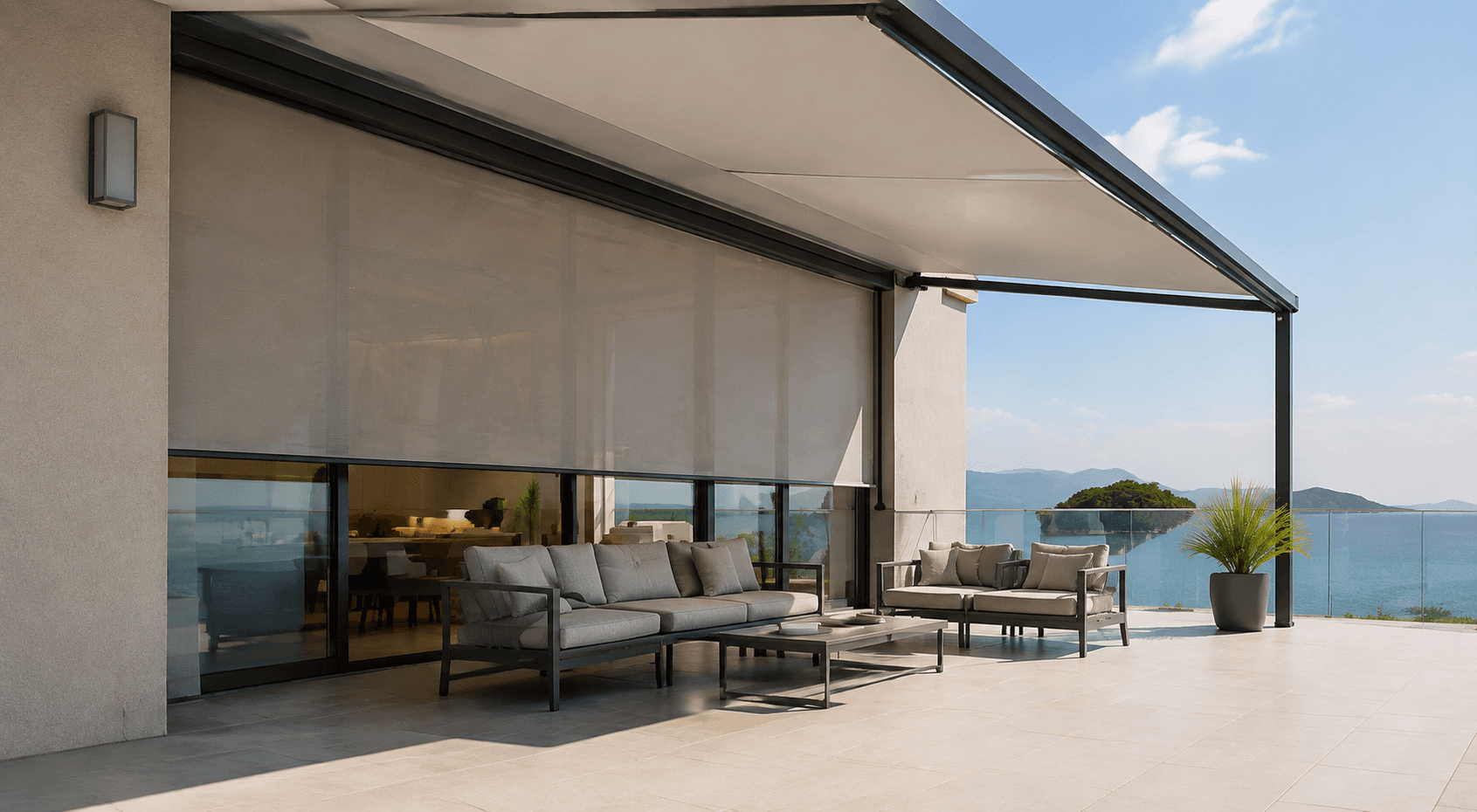 Exterior roller screen on a coastal home