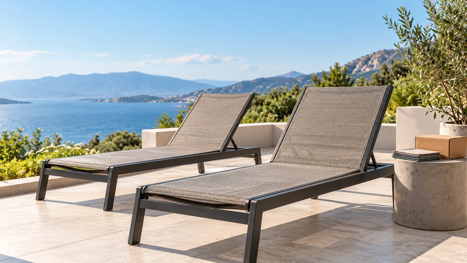 Two mesh sling loungers on an outdoor terrace, with a small fabric sample folder and shipping box on a side table
