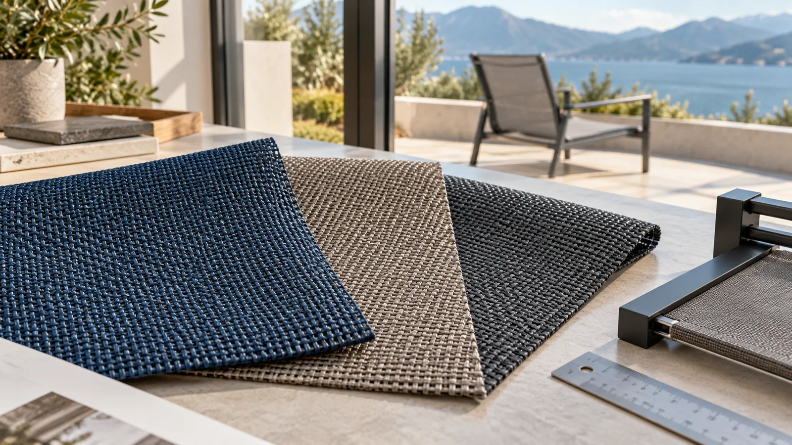 Illustrative woven-mesh swatches and a sling-frame sample prepared for a buyer's material review