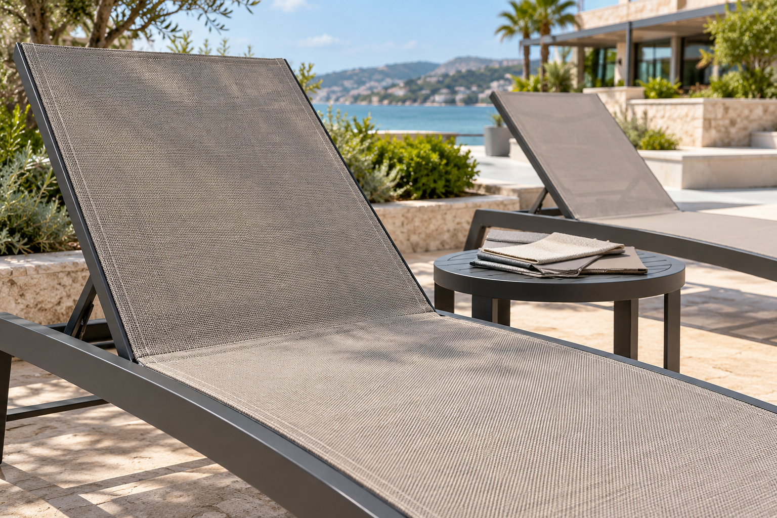 PVC-coated polyester sling loungers and small material samples arranged for an outdoor furniture documentation review
