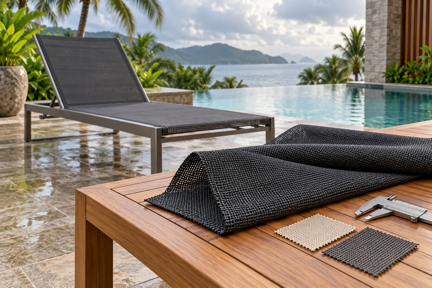 Coastal terrace with a charcoal PVC-coated polyester mesh sample, swatches and a mesh sling lounger after rain