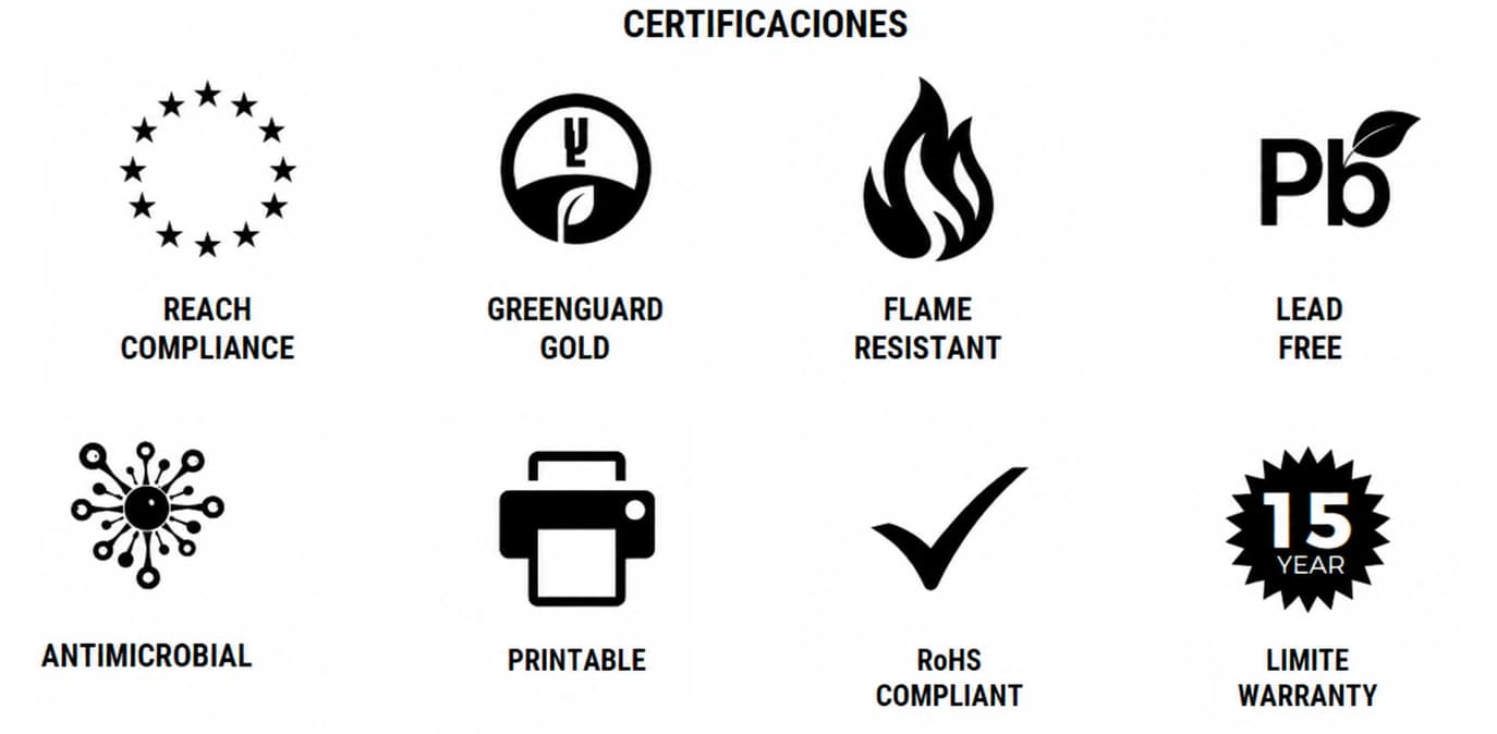 AOLEADER certification marks including REACH compliance, GREENGUARD Gold, flame resistance, lead free, antimicrobial, printable, RoHS compliant and a 15-year limited warranty