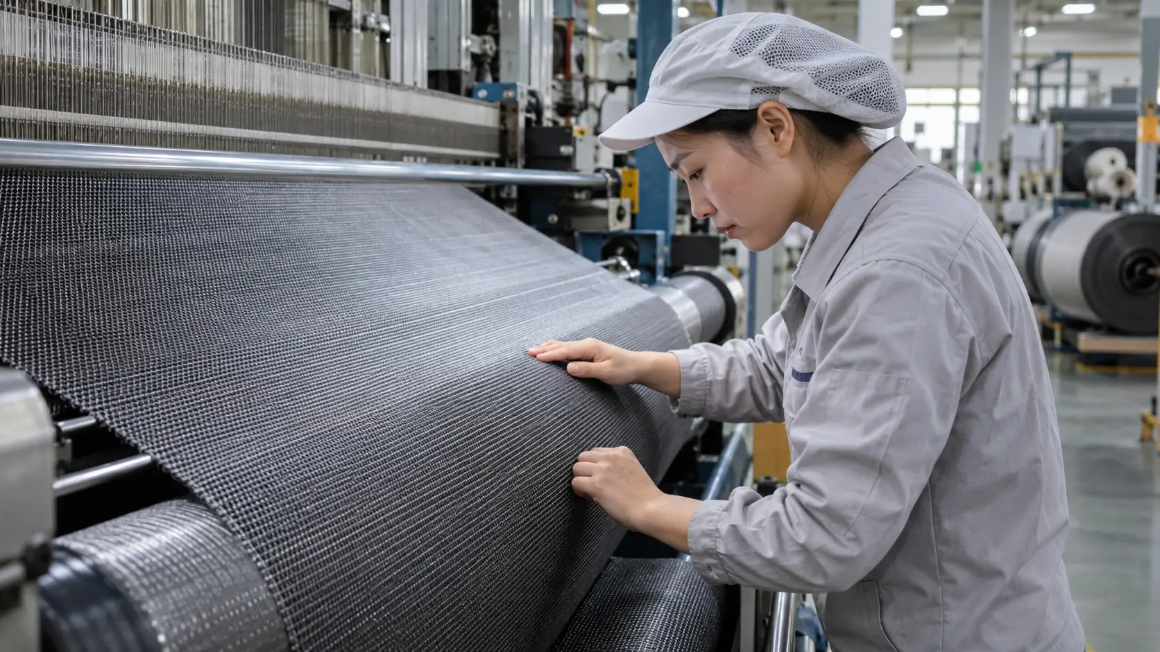Close view of woven fabric surface during visual inspection