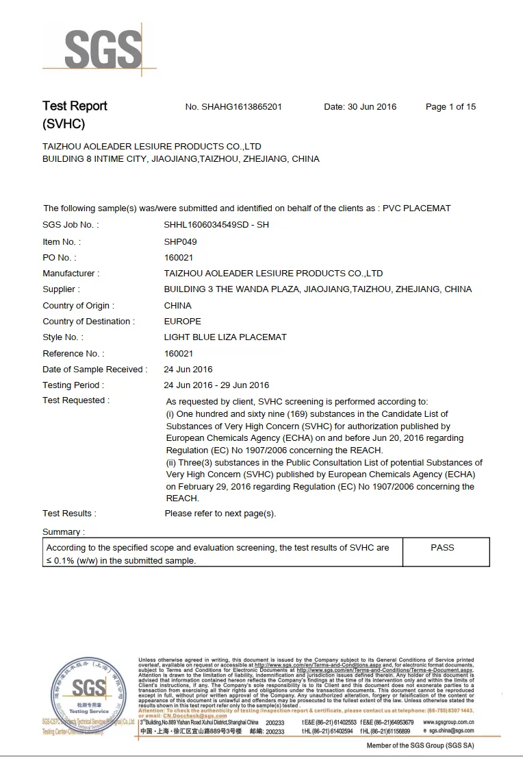 Cover page of SGS test report SHAHG1613865201 for PVC Placemat · Light Blue Liza Placemat